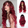 Long wavy burgundy ombre synthetic wig with bangs for cosplay and festive party style - Big Wave Long Curly Hair (LC1171-1) / Gradient Red