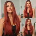 Parrucca sintetica lunga liscia marrone rame con riga centrale e attaccatura naturale - 24 Pollici / Rosso rosa