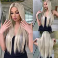Close-up detail of a long straight platinum blonde 13x6 lace front wig on model - Platinum Blonde(bl66220-1)