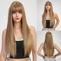 Detailed three-angle view of long straight honey blonde wig with bangs for a natural look. - Gold