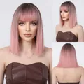 Short straight pink bob wig with bangs and dark roots for women, natural looking synthetic hair - Light Pink (LC3056-1)