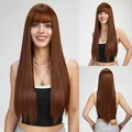 Long straight auburn synthetic wig with flat bangs for women natural stylish look - Orange