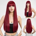 Detailed view of long straight wine red synthetic wig with bangs and sleek texture - Burgundy
