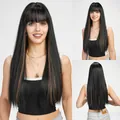 Detailed views of long straight black wig with bangs and brown highlights from multiple angles - Black With Brown Highlights