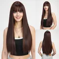 Detailed multi-angle views of a long straight burgundy wig with bangs for women - Flaxen