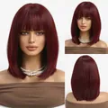 Breathable burgundy short straight bob wig with natural flat bangs for daily wear - Burgundy (LC2067-6)