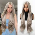 Long 32-inch platinum blonde straight synthetic wig with middle part and layered cut ends - Light Gray-1330-6(32inch)