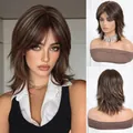 Λεπτομερής προβολή καστανής περούκας mullet με ανταύγειες και φιλάρισμα - Καστανό με Ανταύγειες (8386-1)