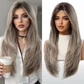 Detail view of long layered straight wig in cool ash blonde with natural texture - Gradient Grey