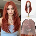 Detailed view of 13x6 lace front wig area with long copper red synthetic hair styling. - Ginger Long Straight (SWLF1068-5OR22) / Dark Copper Red