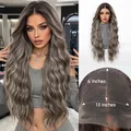 Detail view of 13x6 lace front wig with long ash blonde waves and cap size - 28 Inch Ombre Dark Gray