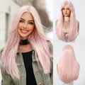 Long straight pink wig with bangs, natural full head hairpiece for a sweet daily look - Pink