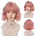 Detailed three-view display of pink wavy bob wig featuring blunt bangs and soft curls - Cherry Blossom Pink-1238-1(10inch)