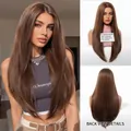 Cool brown long straight synthetic wig shown on real model and mannequin head - Warm Brown (SWLC1278-4BR26)
