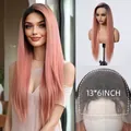 Détail en gros plan de la perruque lace front 13x6 avec cheveux longs lisses rose - Rose Dégradé