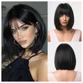 Detailed views showing the front, side and back of a black short straight bob wig with bangs - Black