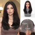 Detailed close-up view of 13x6 lace front wig construction with size measurements - Natural Layered Style (SWLF1078-2BK18) / Black Brown