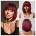 Burgundy short straight bob wig with bangs shown in front and back detail views - Burgundy