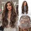 Close-up of 13x6 lace cap detail on long wavy ombre blonde highlight synthetic wig - 28 Inch Dark Coffee