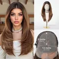 Detail view of 13x6 inch large area lace front cap structure for synthetic wig - Layered Wavy Style (SWLF1068-4RB22) / Gradient Brown