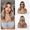 Detailed front and back views of ash blonde wavy synthetic wig with curtain bangs - Ombre Grey Brown - 1291-5