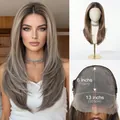 Detail of 13x6 lace front wig cap construction and long layered synthetic hair - Cool Elegant Style (SWLF1068-3BR22) / Cool Brown