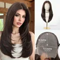 Detailed close-up showing 13x6 lace front construction of long brown layered wig - Natural Fresh Style (SWLF1068-1BR22) / Calico