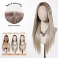 Vue détaillée d'une longue perruque blonde cendrée avec dentelle 13x6 et ligne naturelle - Ombré Platine