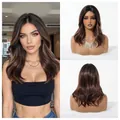 Detailed view of wavy brown highlighted wig with bangs on a model and mannequin. - 20 inch / Ombre Black Brown - 1291-3