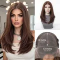 Detail view of 13x6 lace front wig with long brown layered synthetic hair for women - Fashion Flaxen Style (SWLF1078-4RB18) / Flaxen