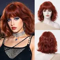 Close-up detail view of a vibrant ginger red wavy bob wig with bangs for women's cosplay. - Brown Orange (SWLC1238-4BL10)