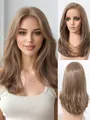 Detail views of long wavy ash brown lace front wig showing natural hairline and back. - Tan