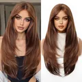 Detailed view of a long layered cold brown straight wig on a model and mannequin - Brown (SWLC8297-1BR26)