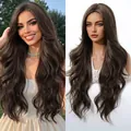 Detailed comparison of long wavy brown synthetic wig on a model and mannequin stand - Brown Style / 28 inch
