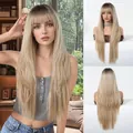 Long straight blonde wig with dark gradient roots and bangs, showing multi-angle views. - Layered Style / 30inch / Brown