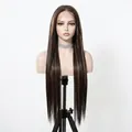 13x6 lace front long straight wig with black and brown highlights on mannequin - Black With Brown Highlights