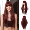 Detail view of long straight burgundy wig with bangs, showing front and back textures - 30inch / Burgundy