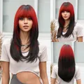 Multi-angle view of red and black ombre medium long wig with bangs for cosplay. - Red Gradient (lc2120)