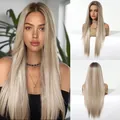 Lange aschblonde glatte 13x6 Lace-Front-Perücke für Damen mit natürlicher Haarstruktur - Hellgold (SWLF1021-4BL30)