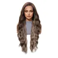 13x6 lace front synthetic wig featuring long wavy dark brown hair with highlights - Brown Highlight