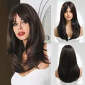 Detailed views of a dark brown layered wig with stylish bangs showing realistic hair texture - Black Brown (lc8015-1)