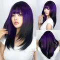 Detailed view of medium long purple ombre wig with bangs from front, side and back - Black Purple Gradient (lc3031-1)