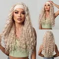 Detailed views of high quality long blonde curly wig featuring tan headband and Latin curls - Blonde (HB050-4)