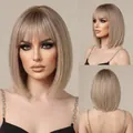Short straight blonde bob wig with bangs, natural look and breathable synthetic hair - Light Brown (LC1052-3)