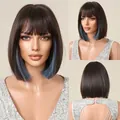 Stylish dark brown short straight bob wig with blue highlights and bangs for women - Black Brown with Blue Highlights (LC6229-2)
