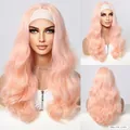 Detailed view of 22-inch long pink wavy headband wig from multiple angles - Lotus Pink (HB043-1)