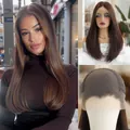 Premium long straight brown 13x6 lace front wig with heat-resistant Futura fiber - Large Area Lace / Black Brown
