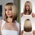Vistas detalladas de peluca rubia degradada media y lisa con flequillo para un look natural - lc8102 (Dorado Degradado)