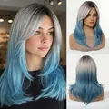 Detailed views of a long layered blue and grey ombre cosplay wig with a front fringe - Gradient Ice Blue