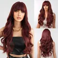 Long wavy reddish brown synthetic wig with neat bangs and natural fiber texture details - 26 Inches / Red Brown (lc2097-1) 26inch